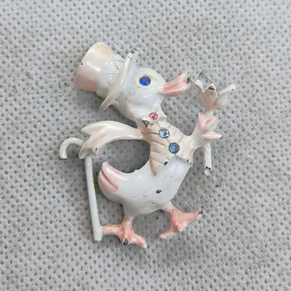 Vintage BJ Enamel Duck Brooch Pin w/Cane & Top Hat White w/Rhinestones 2" - Picture 2 of 4